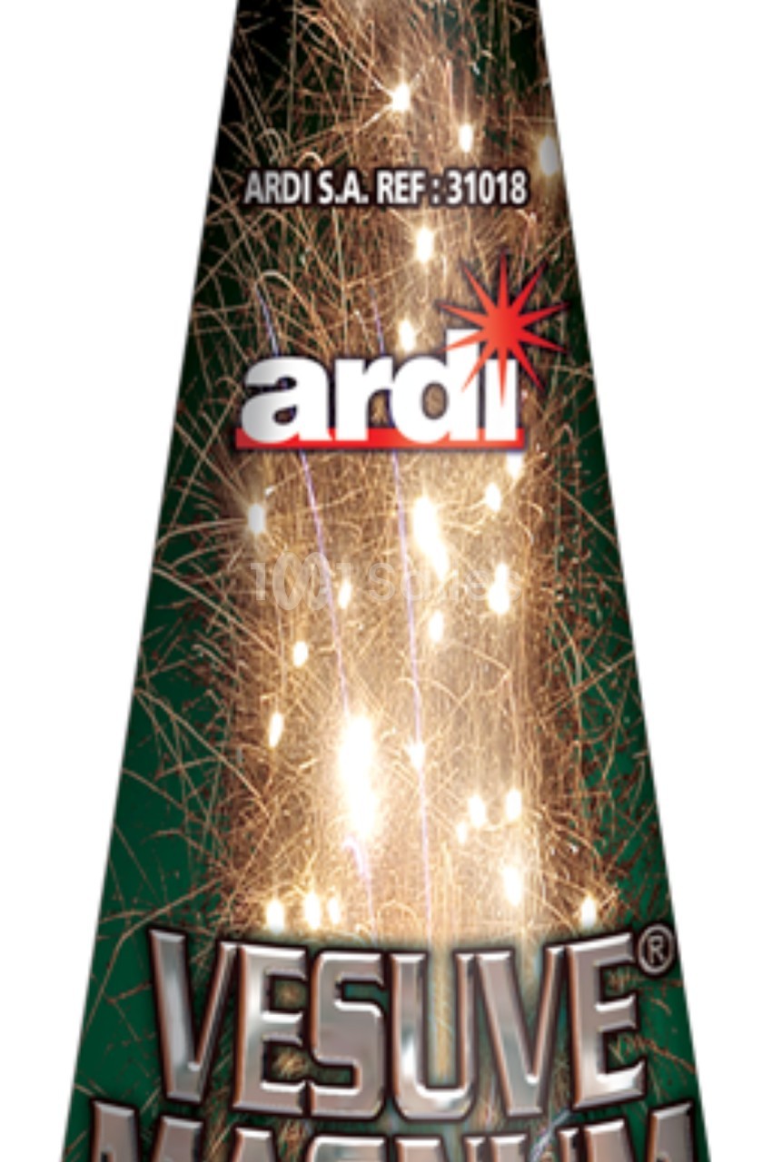 Cône de feu d'artifice ’Vésuve Magnum’ avec des étincelles dorées et des inscriptions sur fond vert.