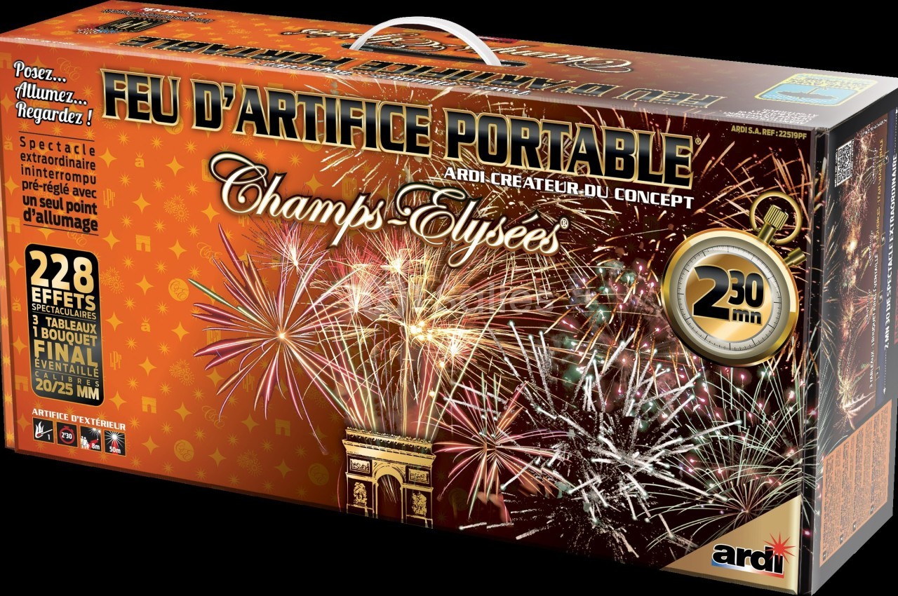 Boîte de feu d'artifice portable avec illustration de feux d'artifice et l'Arc de Triomphe en arrière-plan.