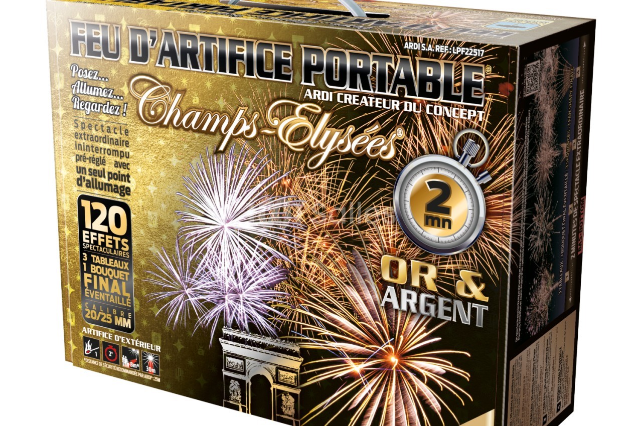 Boîte de feu d'artifice portable avec visuel de feux d'artifice et mentions des caractéristiques sur l'emballage.