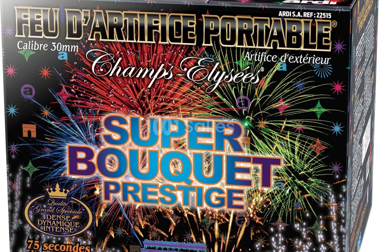 Boîte de feu d'artifice portable avec illustrations de feux colorés et mentions ’Super Bouquet Prestige’.