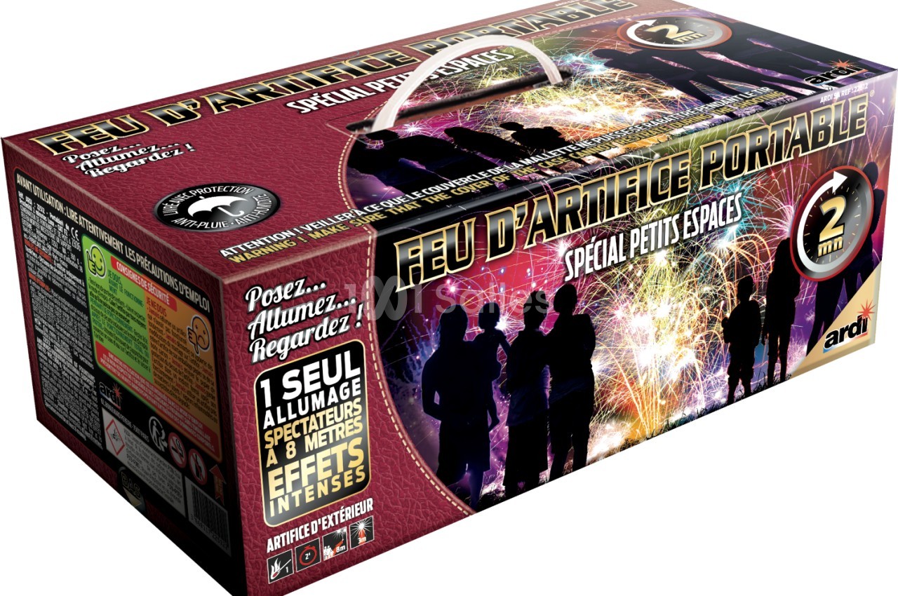 Boîte de feu d'artifice portable avec illustrations de silhouettes et mention d'effets adaptés aux petits espaces.