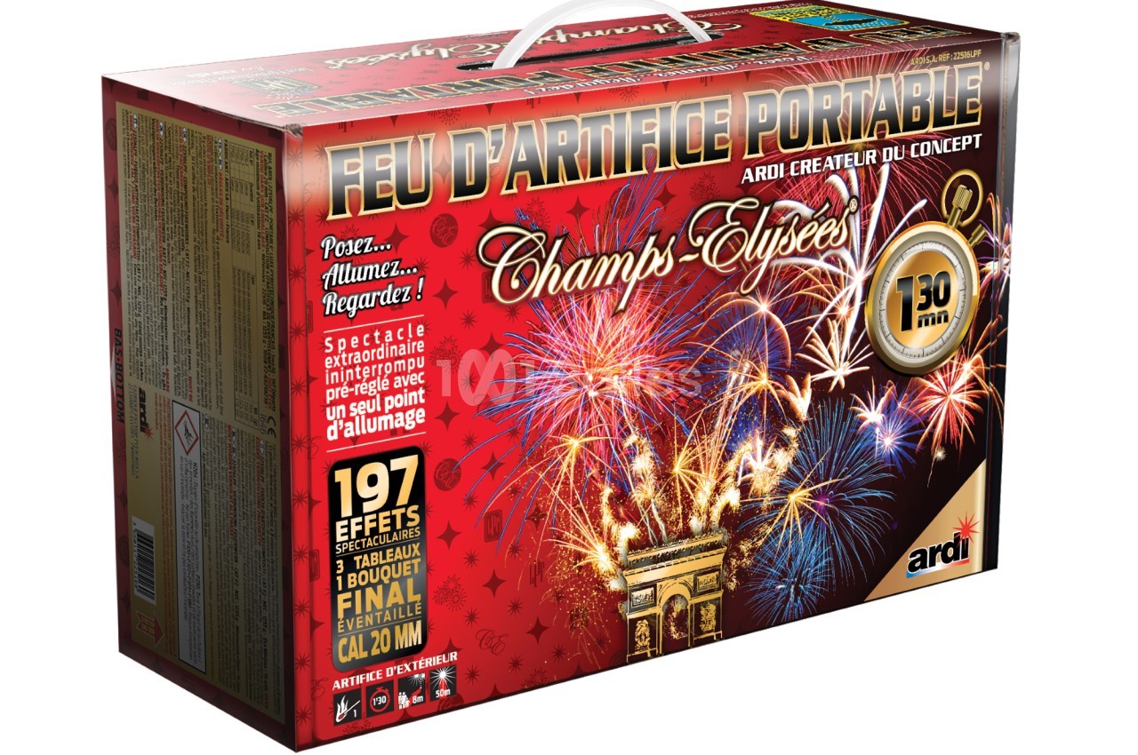 Boîte de feu d'artifice portable avec illustrations colorées de feux d'artifice et mentions des caractéristiques du produit.