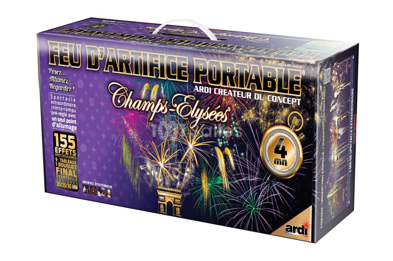 Boîte de feu d'artifice portable avec visuel coloré représentant des explosions lumineuses et l'Arc de Triomphe.