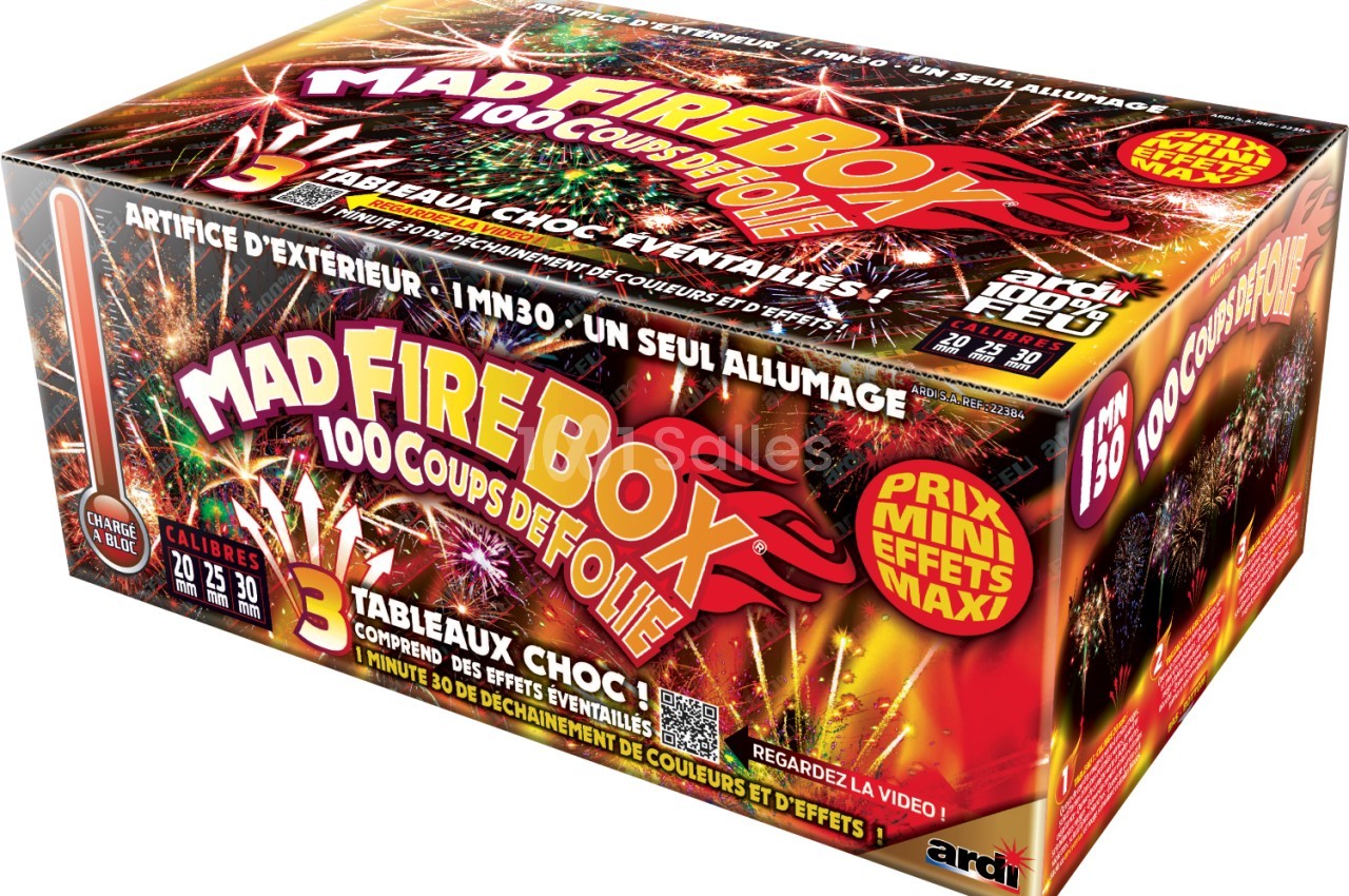 Boîte de feux d'artifice avec illustrations colorées et informations sur les effets, durée et calibre des explosions.