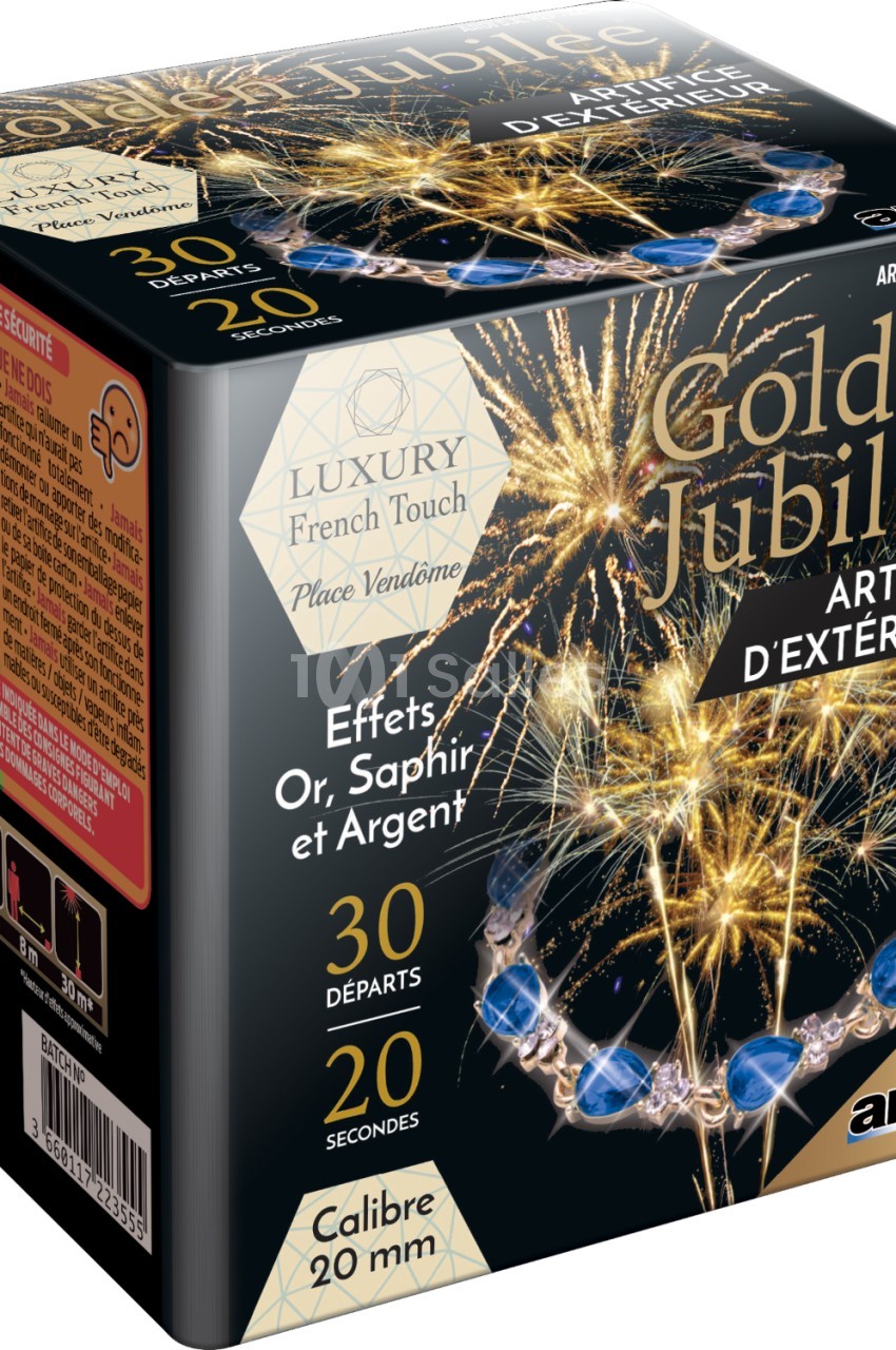 Boîte de feu d'artifice extérieur ’Golden Jubilee’ avec effets or, saphir et argent, 30 départs en 20 secondes.