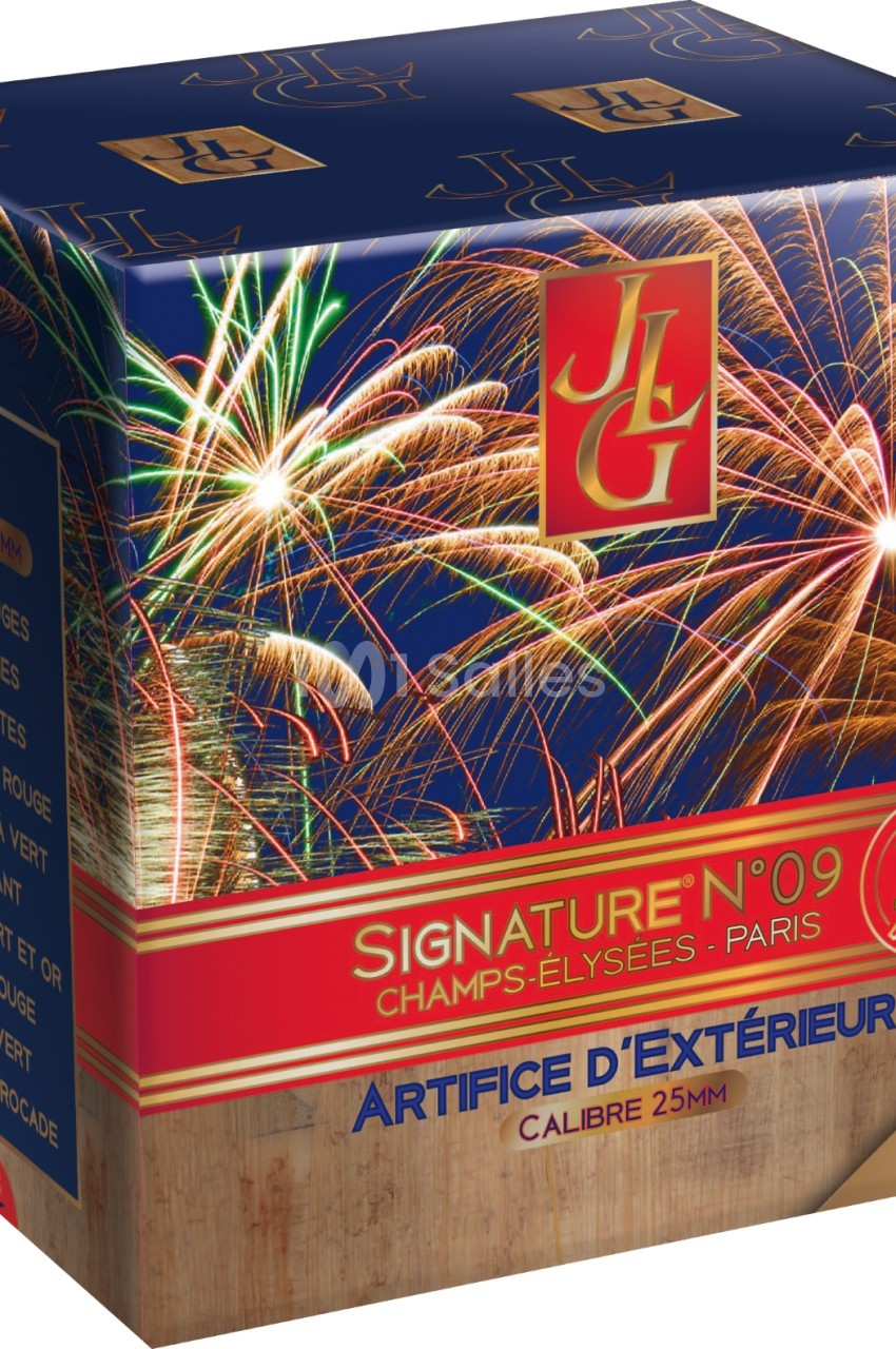 Boîte d'artifices d'extérieur avec des illustrations de feux d'artifice et des informations sur le produit.