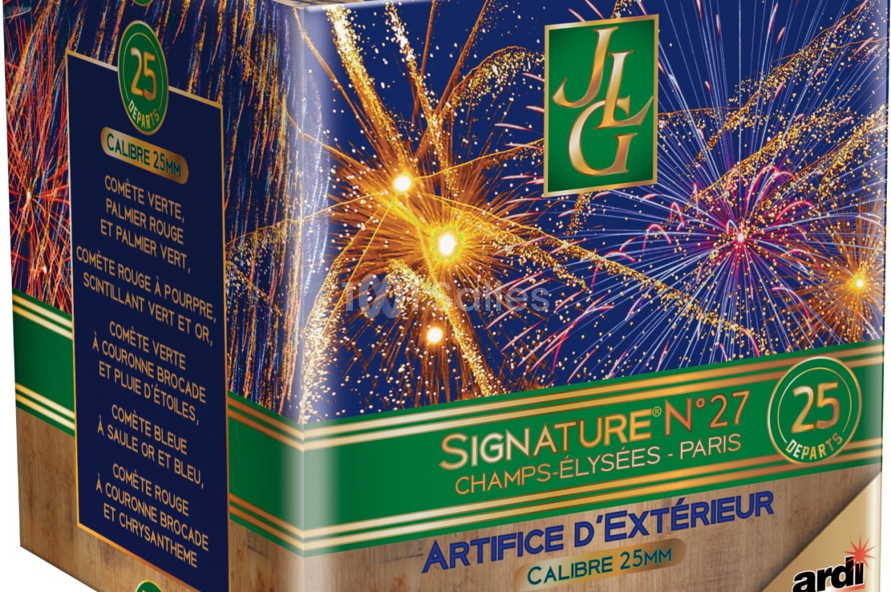 Boîte de feux d'artifice avec des illustrations de feux colorés et des informations sur le produit imprimées.
