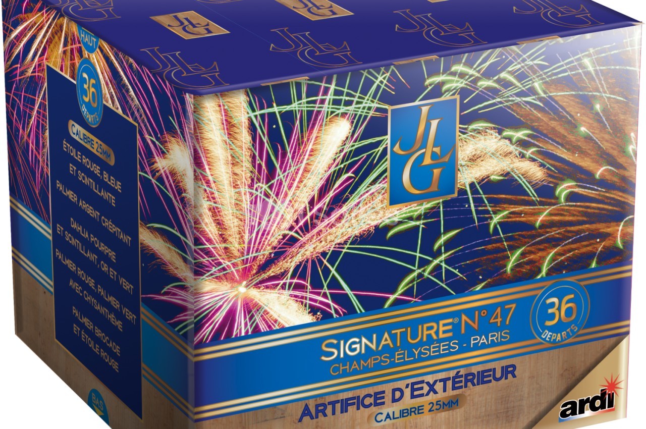 Boîte de feux d'artifice avec des motifs colorés et des informations sur le produit imprimées sur l'emballage.