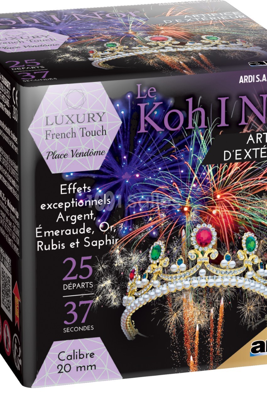 Boîte d'artifice d'extérieur avec visuel de couronne ornée et feux d'artifice colorés en arrière-plan.