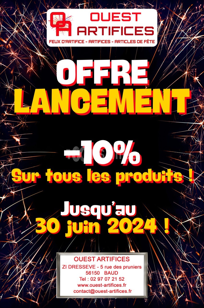 Affiche promotionnelle annonçant une réduction de 10 % sur tous les produits jusqu'au 30 juin 2024, avec des feux d'artifice…