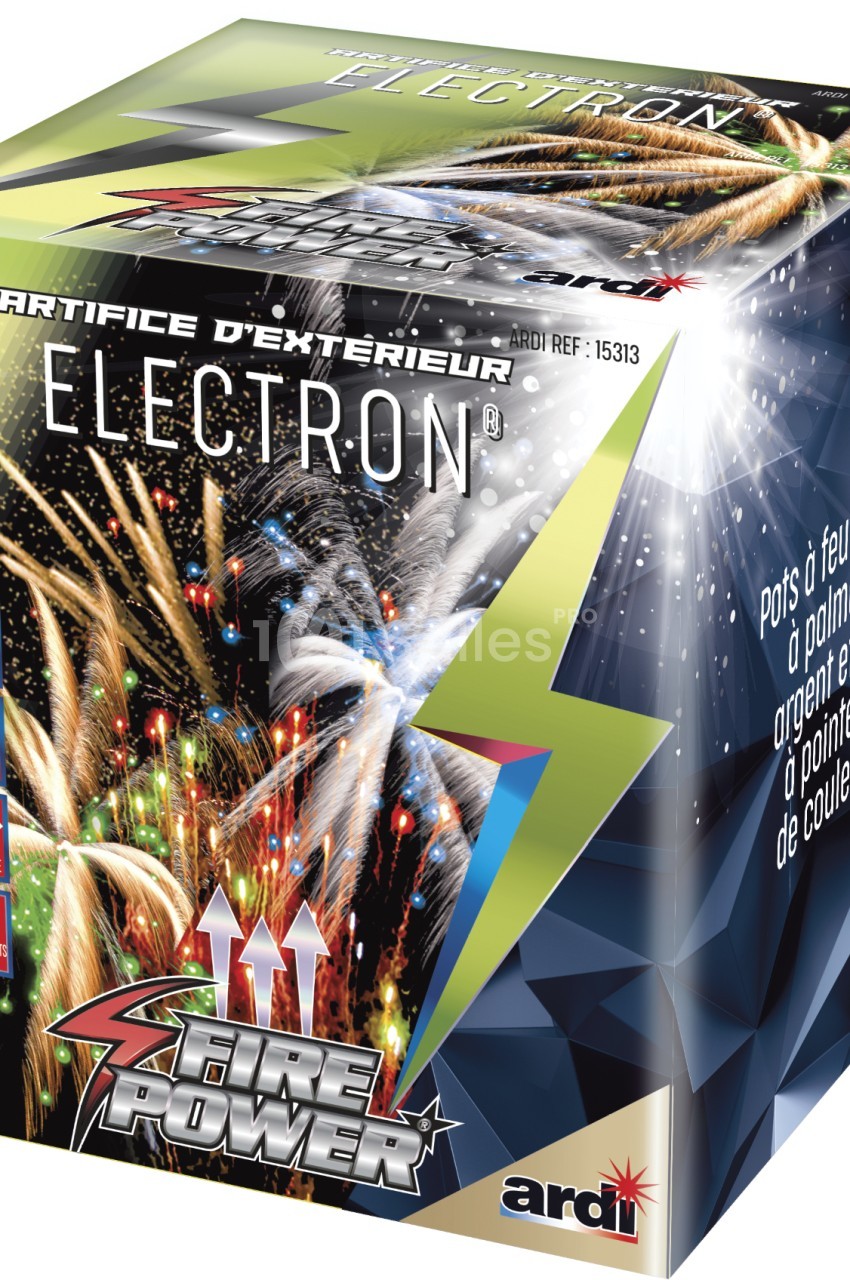 Boîte de feux d'artifice avec des illustrations de gerbes lumineuses et des informations techniques imprimées.