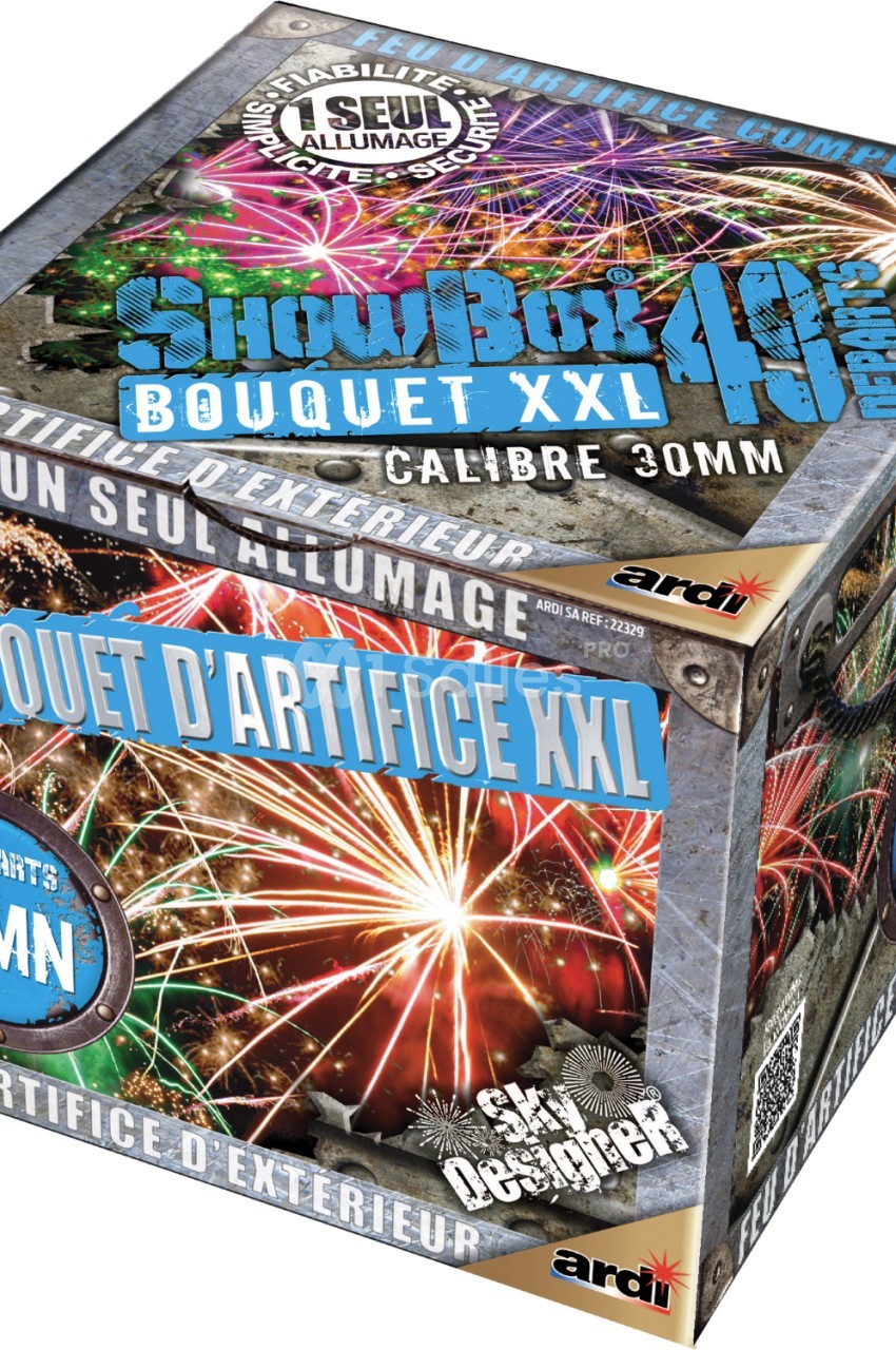 Boîte de feu d'artifice avec visuels colorés représentant des explosions lumineuses et des informations sur le produit.