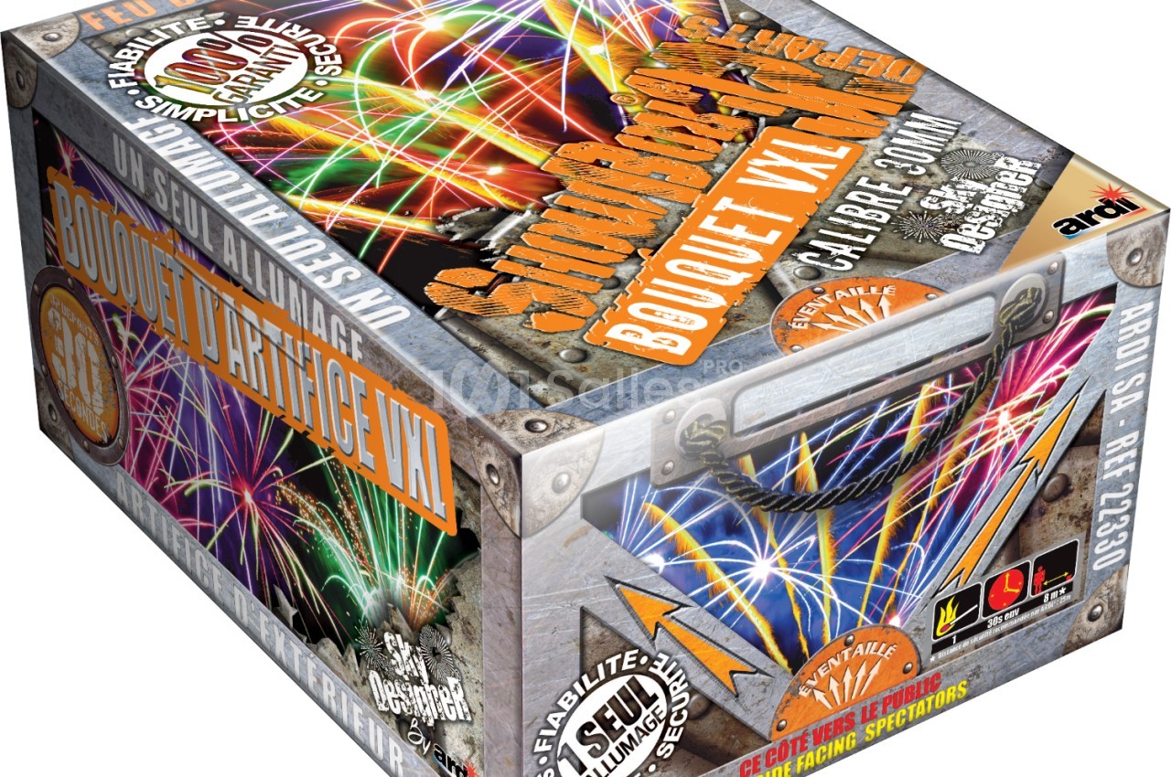 Boîte de feux d'artifice avec un design coloré et des illustrations représentant des explosions lumineuses.