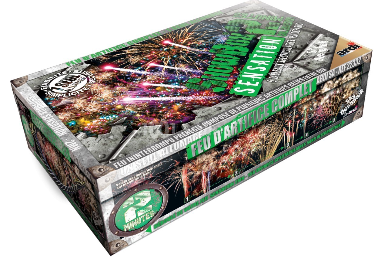 Boîte de feux d'artifice avec illustrations de spectacles pyrotechniques et détails du produit imprimés.