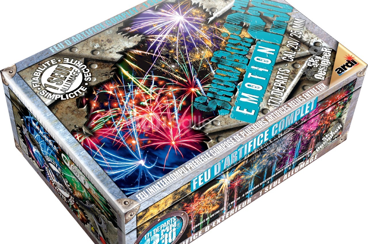 Boîte de feu d'artifice avec des illustrations de feux multicolores et des informations sur le contenu et la marque.