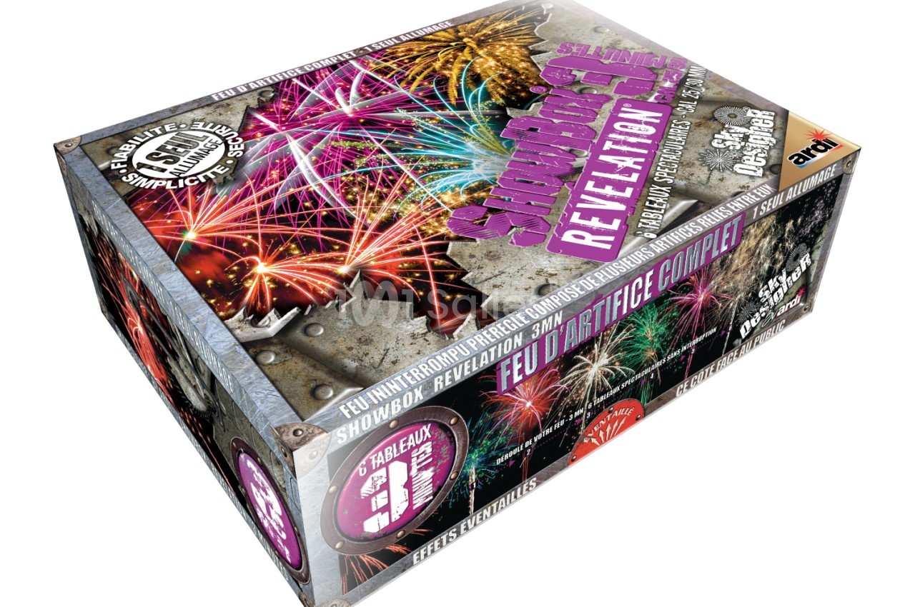 Boîte de feu d'artifice avec illustrations colorées de spectacles pyrotechniques et informations sur le contenu.