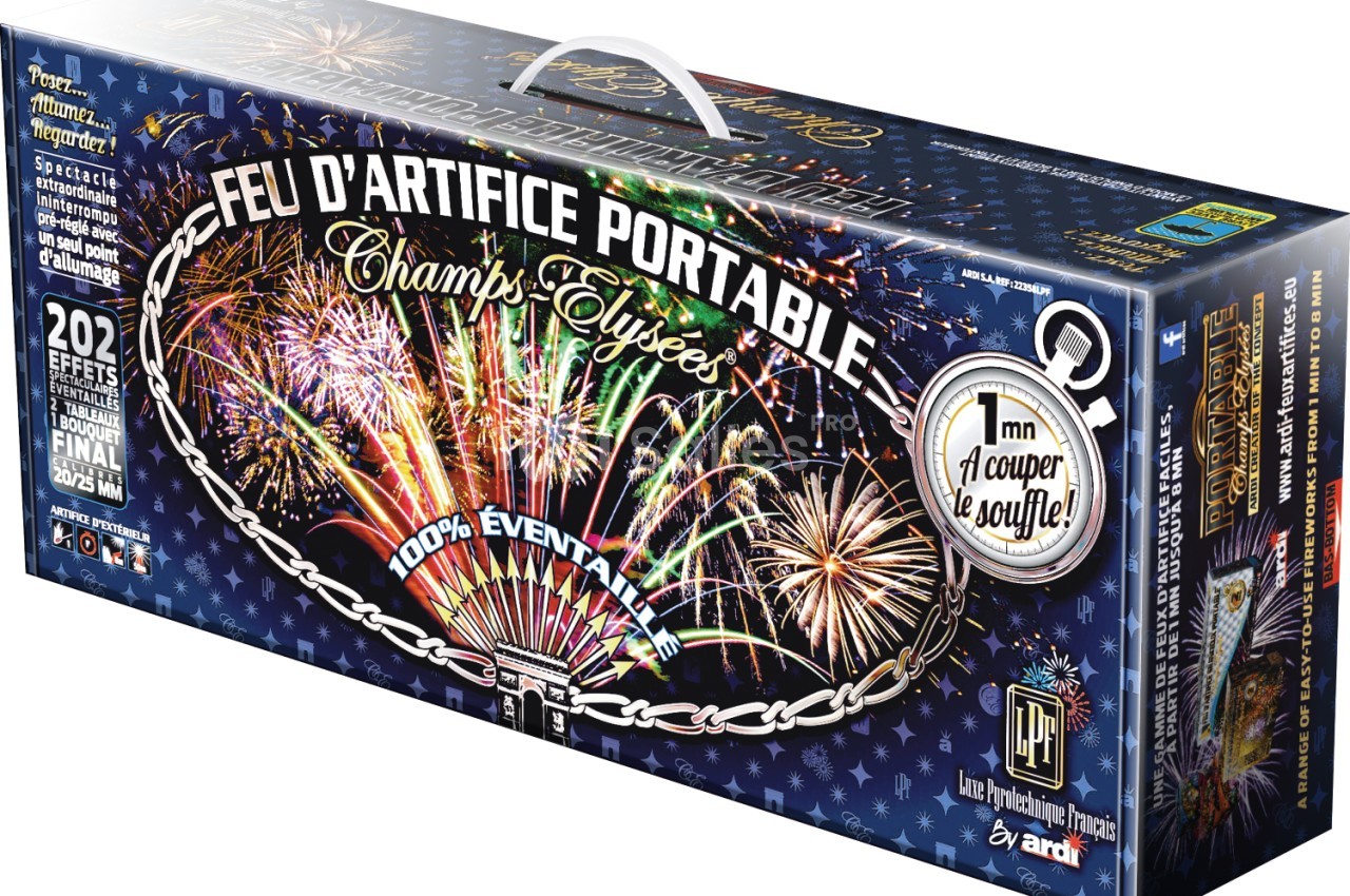 Boîte de feu d'artifice portable avec illustrations de feux multicolores et mentions sur les effets et la durée.