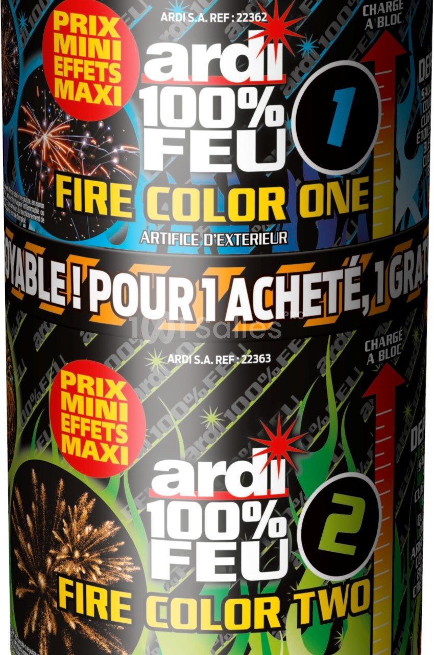 Deux boîtes d'artifices d'extérieur colorées, avec des inscriptions promotionnelles et des illustrations de feux d'artifice.