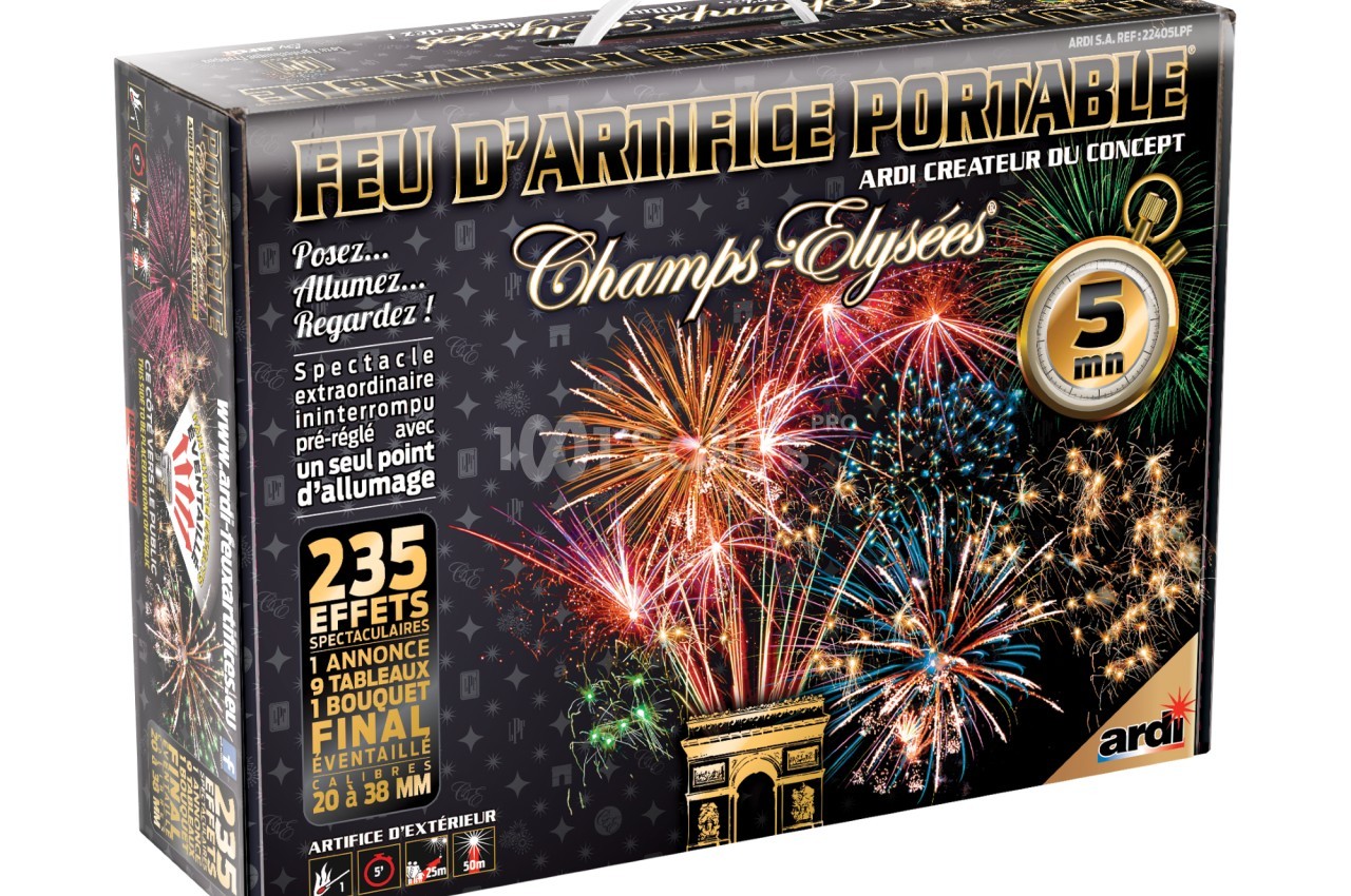 Boîte de feu d'artifice portable avec illustrations de feux multicolores et mentions des caractéristiques du produit.