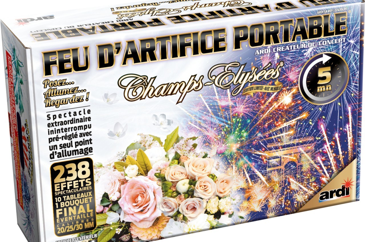 Boîte de feu d'artifice portable avec illustration de fleurs, feux colorés et informations sur la durée et les effets.