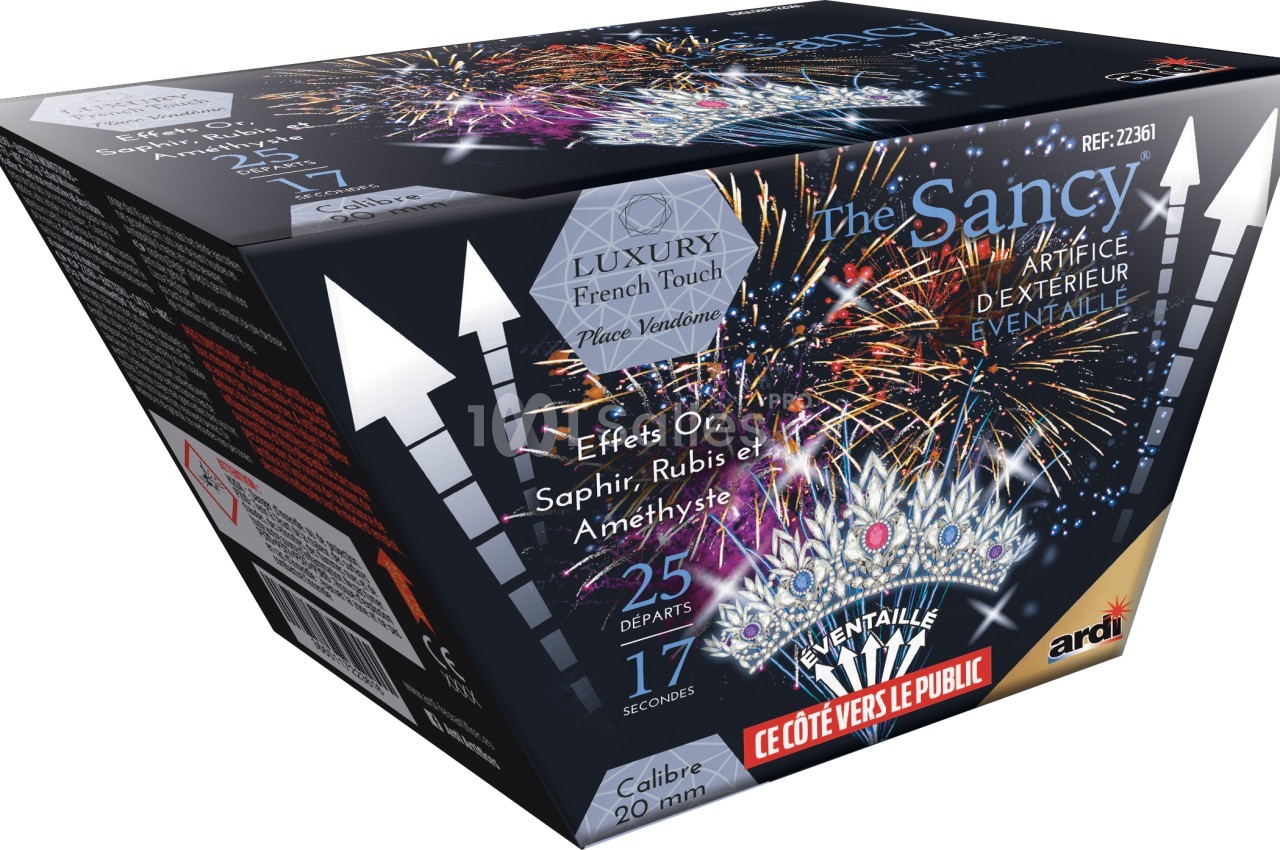 Boîte de feu d'artifice en éventail avec détails sur les effets, le calibre et les instructions d'utilisation.