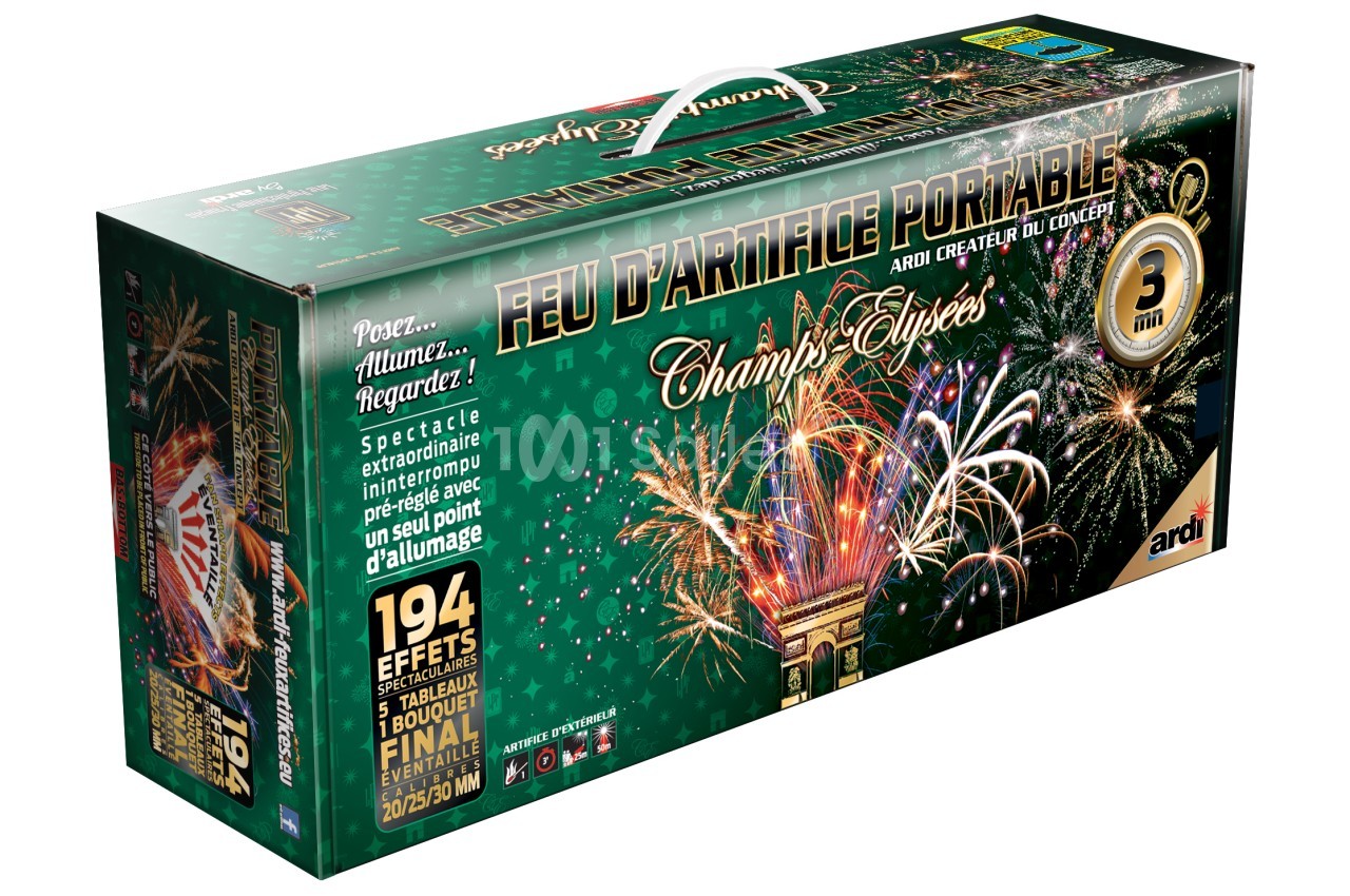 Boîte de feu d'artifice portable avec illustrations colorées de feux d'artifice et détails sur les effets et la durée.
