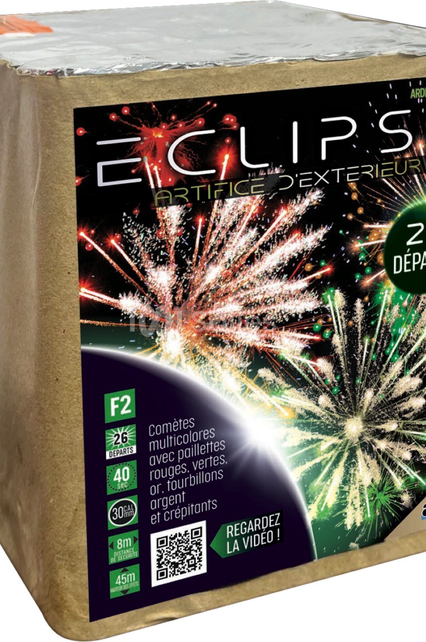 Bloc de feu d'artifice avec emballage montrant des explosions colorées et des informations sur ses caractéristiques.