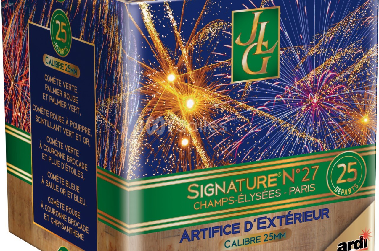 Boîte de feux d'artifice avec des illustrations de feux colorés et des informations sur le produit imprimées.