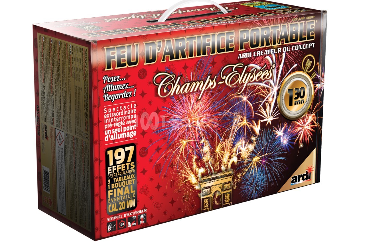 Boîte de feu d'artifice portable avec illustrations colorées de feux d'artifice et mentions des caractéristiques du produit.