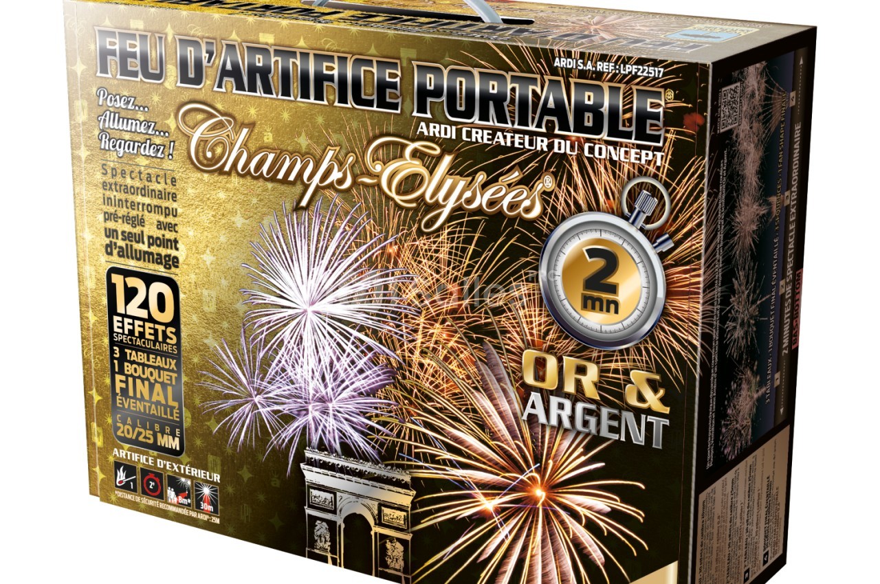 Boîte de feu d'artifice portable avec visuel de feux d'artifice et mentions des caractéristiques sur l'emballage.