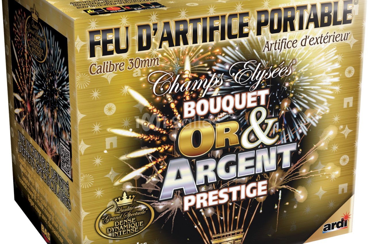 Boîte de feu d'artifice portable dorée avec illustrations de feux d'artifice et informations sur le produit.