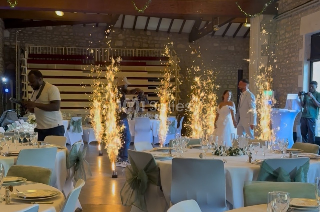 Mariés entrant dans une salle de réception décorée, entourés de jets d'étincelles et de tables dressées.