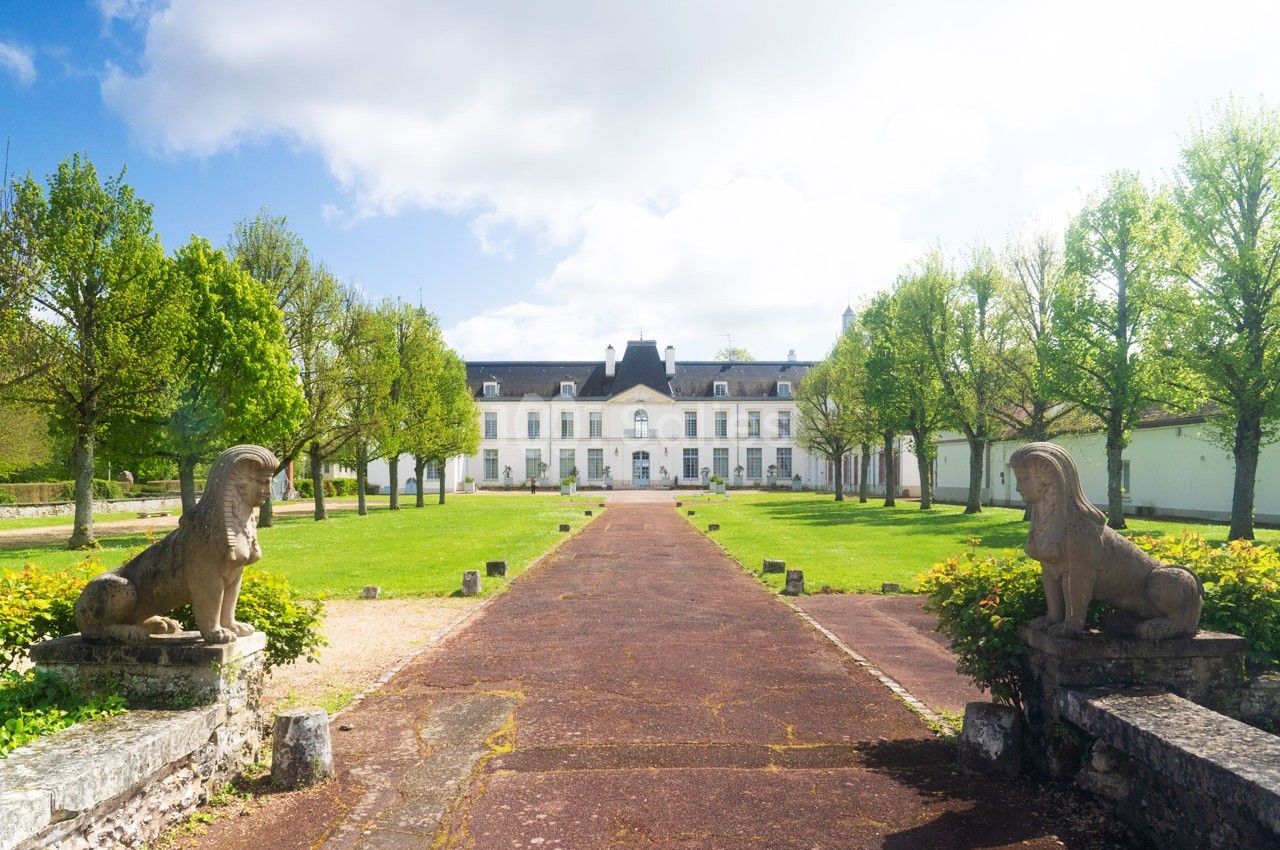 Allée centrale bordée d'arbres menant à un grand bâtiment blanc avec des statues de lions en pierre au premier plan.