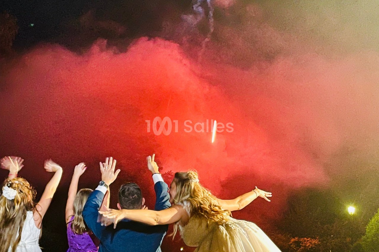 Un groupe de personnes regarde un feu d'artifice illuminant le ciel nocturne avec des fumées rouges.