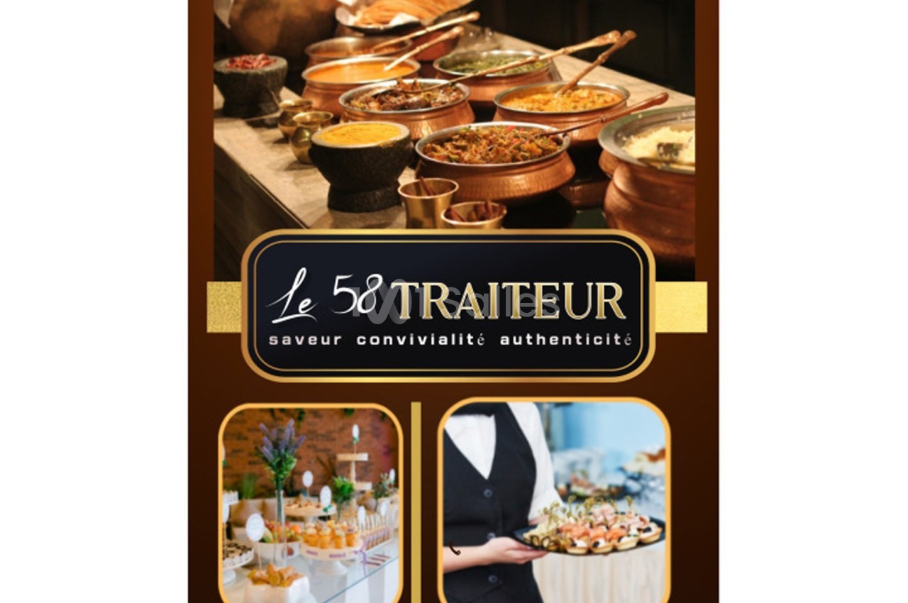 Buffet de plats variés dans des récipients en cuivre, accompagné d'un serveur tenant un plateau de verrines.