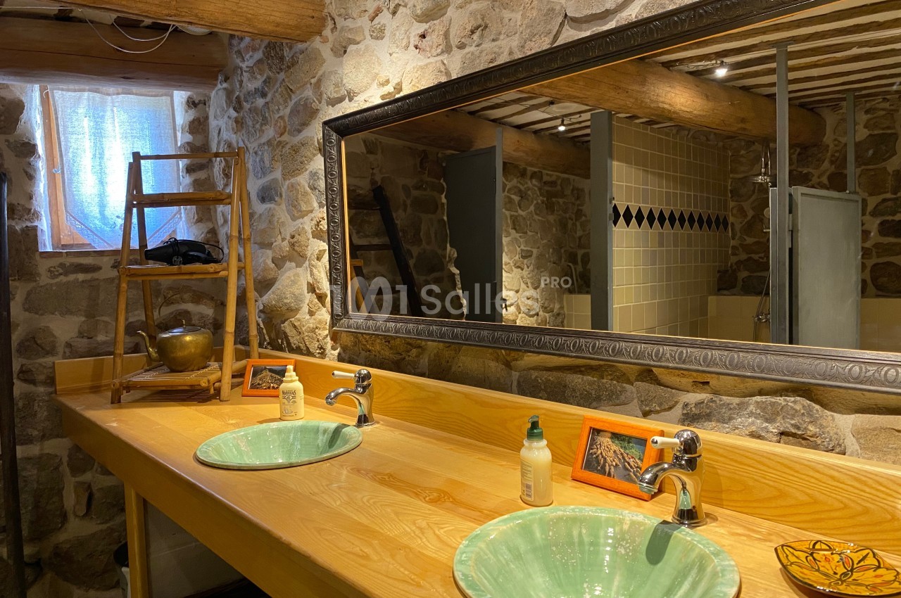 Salle de bain rustique avec murs en pierre, double vasque en céramique verte et grand miroir encadré en bois.