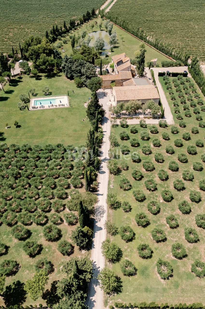 Vue aérienne d'une propriété entourée de vignes et d'oliviers, avec une piscine et des bâtiments en pierre.