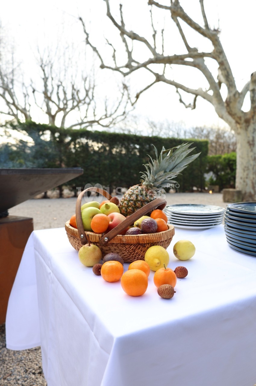 Corbeille de fruits variés sur une table blanche en extérieur, avec des assiettes empilées et des arbres en arrière-plan.