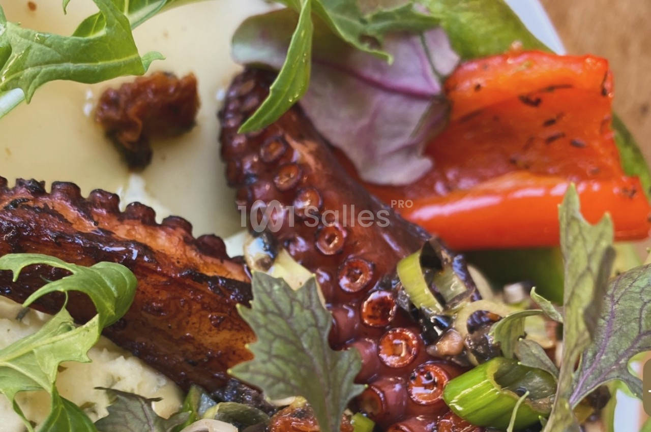 Tentacule de poulpe grillé accompagné de légumes colorés, herbes fraîches et fromage sur une assiette.