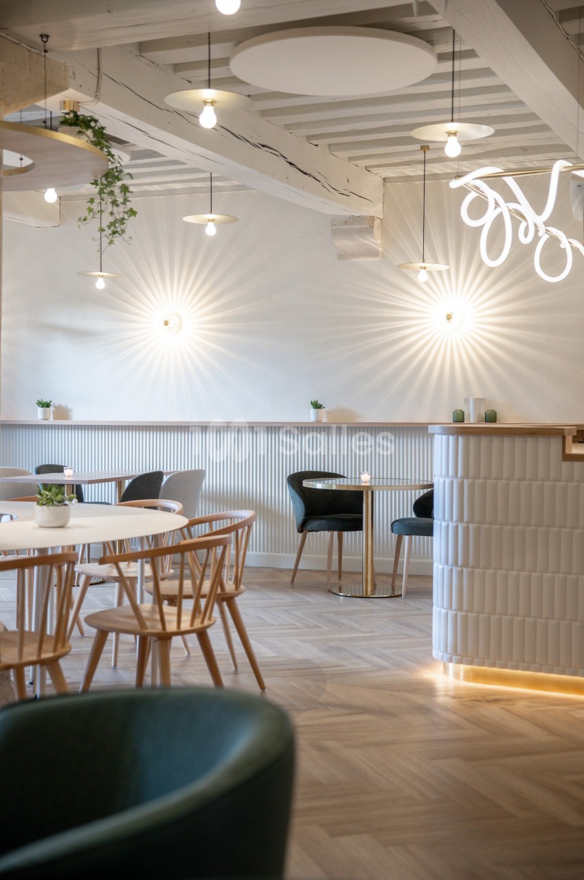 Salle lumineuse avec mobilier en bois clair, chaises modernes, plantes décoratives et éclairage suspendu.