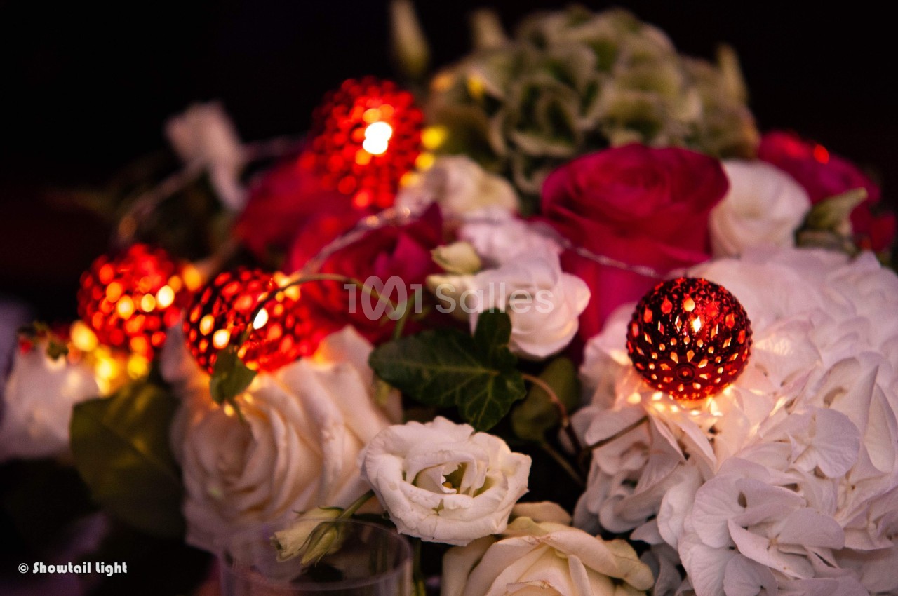 Bouquet de roses rouges et blanches décoré de petites lumières rouges scintillantes.