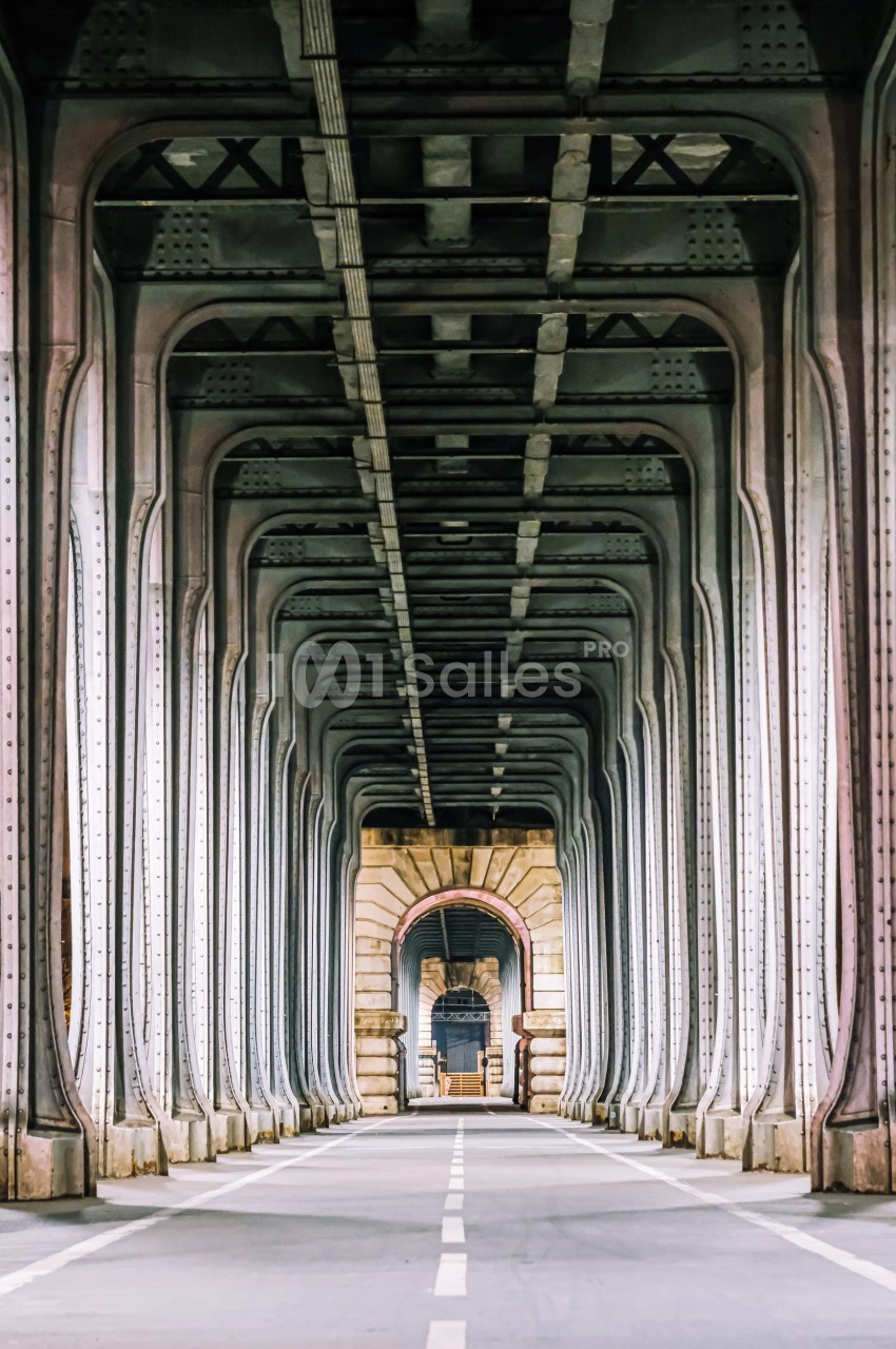 Vue symétrique d'un pont métallique avec une route centrale et des arches alignées en perspective.