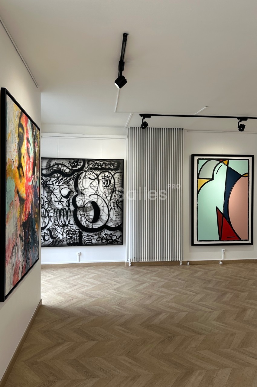 Salle d'exposition avec trois tableaux contemporains accrochés sur des murs blancs, éclairés par des spots.
