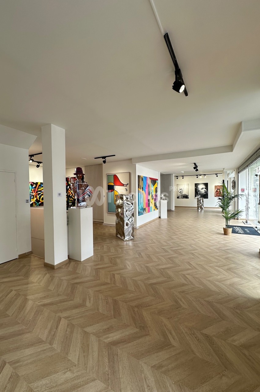 Vue intérieure d'une galerie d'art moderne avec des œuvres colorées exposées sur les murs et des sculptures au centre.