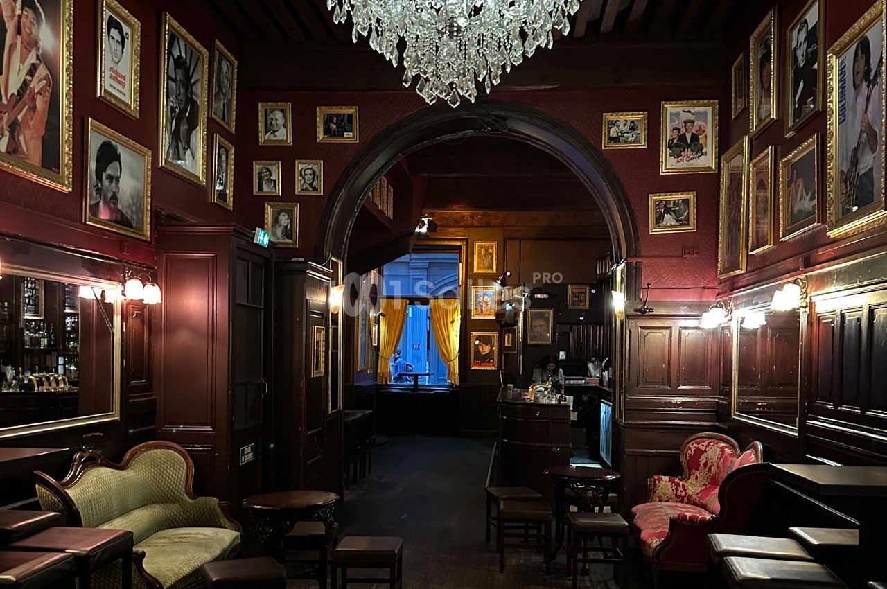 Intérieur d'un salon vintage avec murs ornés de portraits, lustre en cristal et mobilier ancien en bois et tissu.