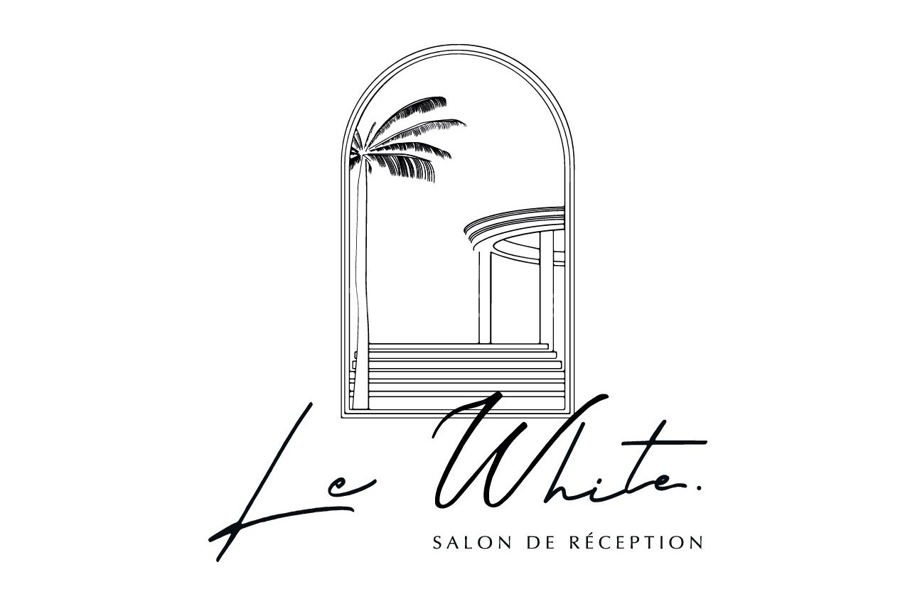 Illustration minimaliste d'une arche avec un palmier et une structure en colonnes, accompagnée du texte ’Le White. Salon de…