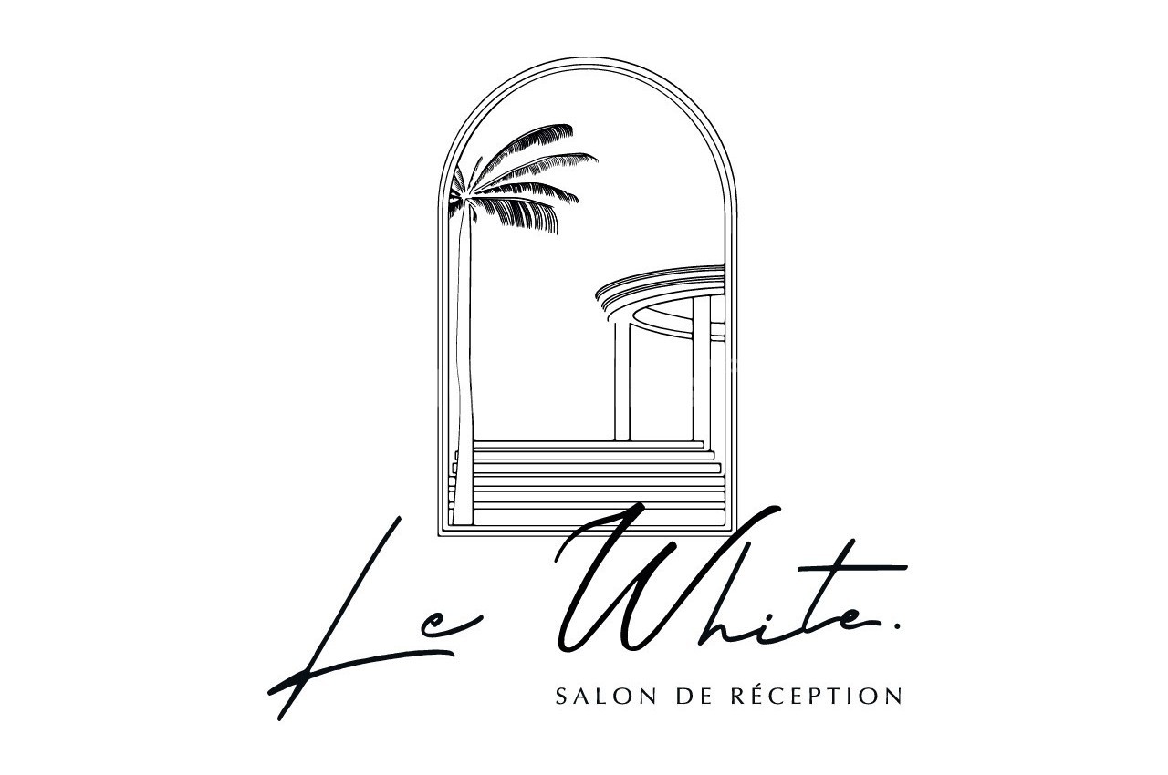 Illustration minimaliste d'une arche encadrant un palmier et une structure architecturale, avec le texte ’Le White. Salon de…