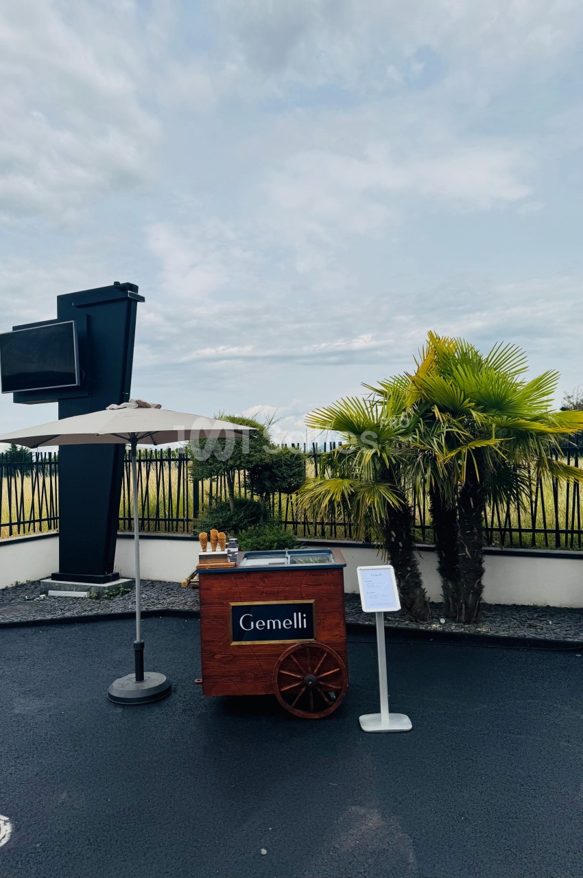 Chariot en bois avec parasol, marqué ’Gemelli’, disposé sur un parking près de palmiers et d'une clôture.