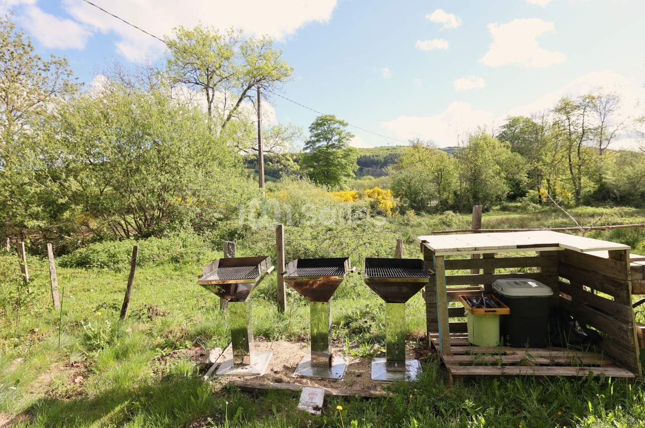 Trois ruches métalliques alignées dans un jardin verdoyant, entourées de végétation et d'arbres sous un ciel clair.