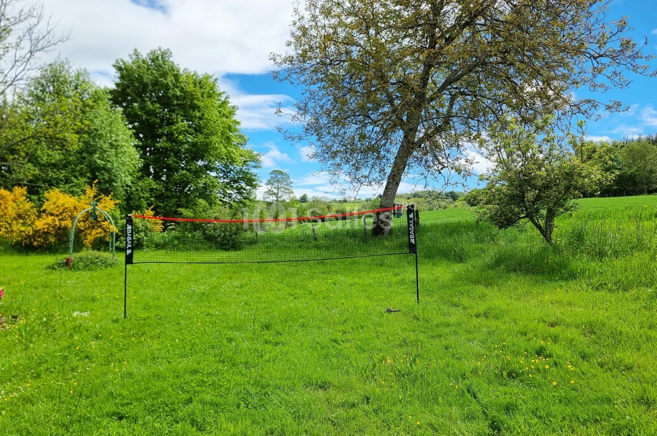 Filet de badminton installé sur une pelouse verte, entouré d'arbres et de buissons sous un ciel partiellement nuageux.